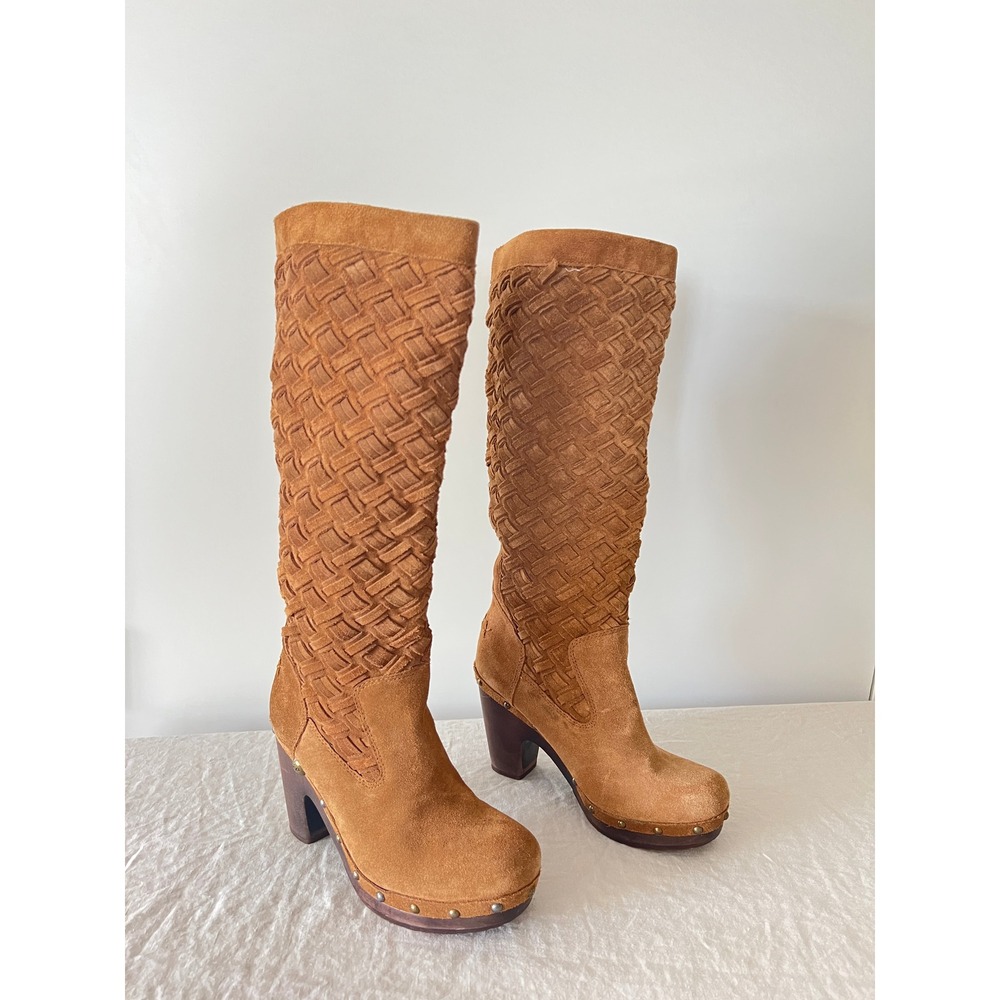 UGG Arroyo Tall Basketweave Chestnut Platform Woven Suede Clog Boots 7 Boho 70s